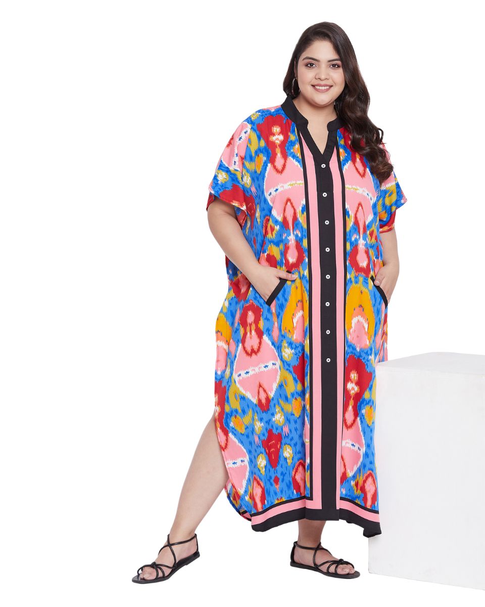 Women Abstract Multicolor Plus Size Button Kaftan Faux Placket Drawstring