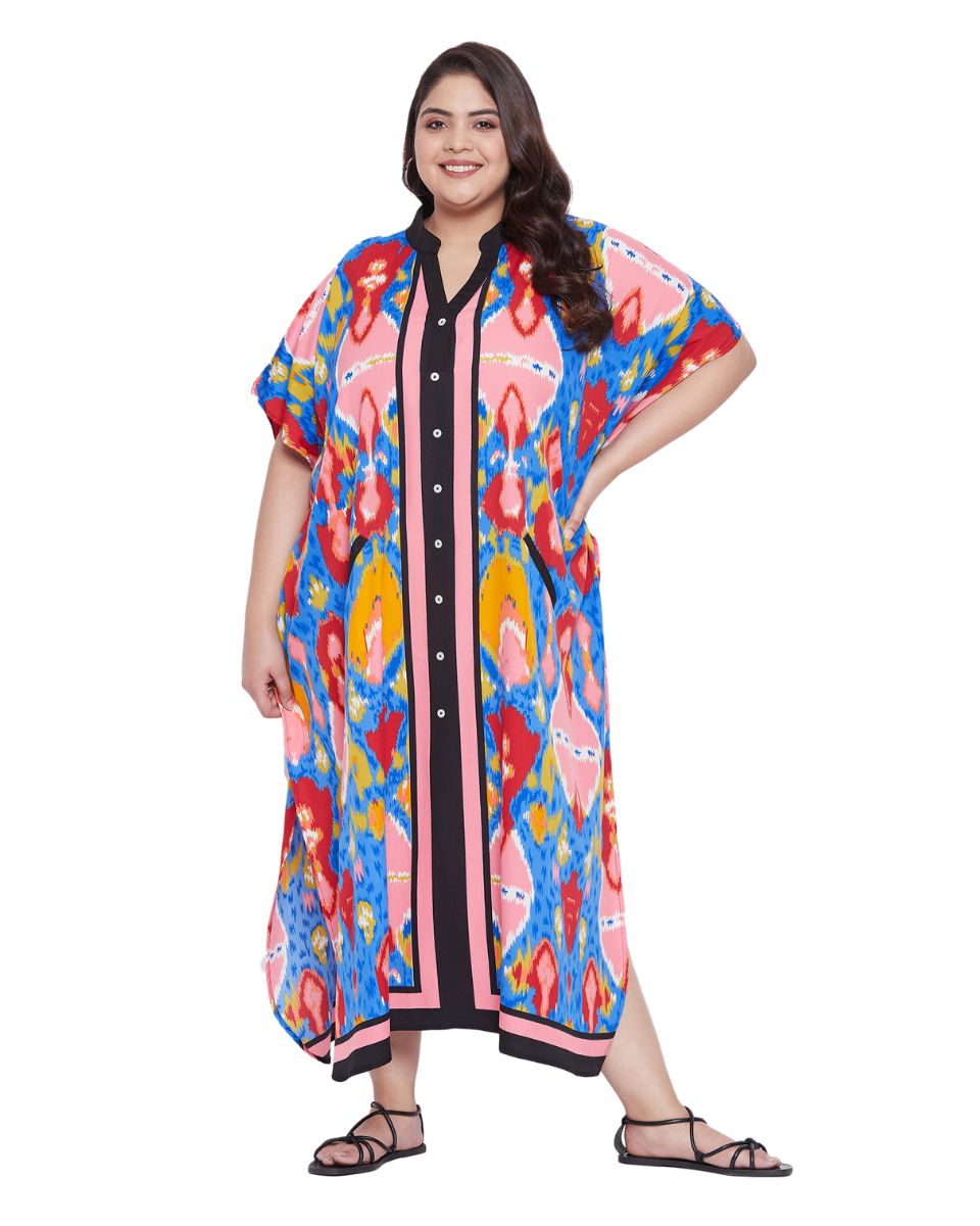 Women Abstract Multicolor Plus Size Button Kaftan Faux Placket Drawstring