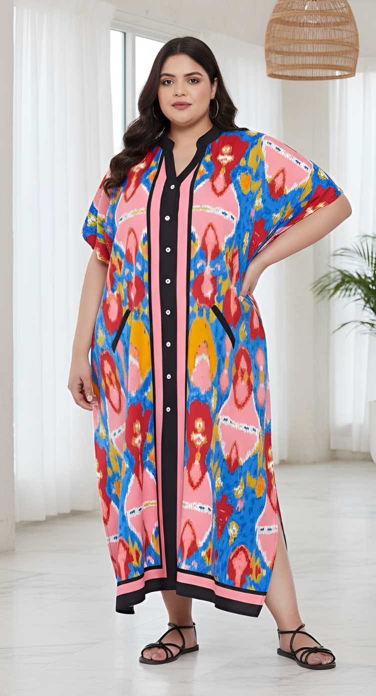 Women Abstract Multicolor Plus Size Button Kaftan Faux Placket Drawstring