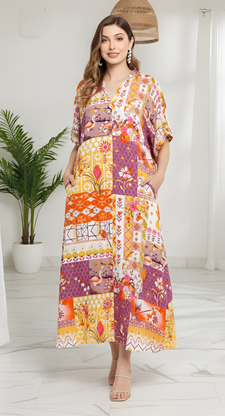 Floral Printed Multicolor Polyester Button Kaftan For Plus Size Women