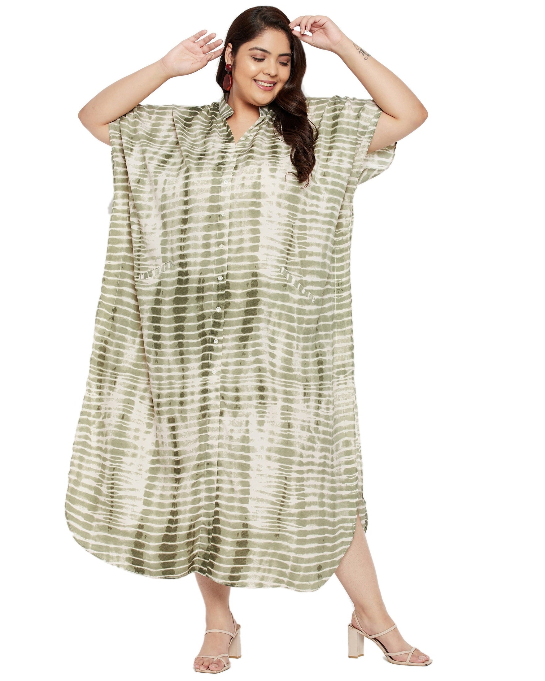 Tie dye Polyester Faux Placket Plus Size Kaftan Dress for Women