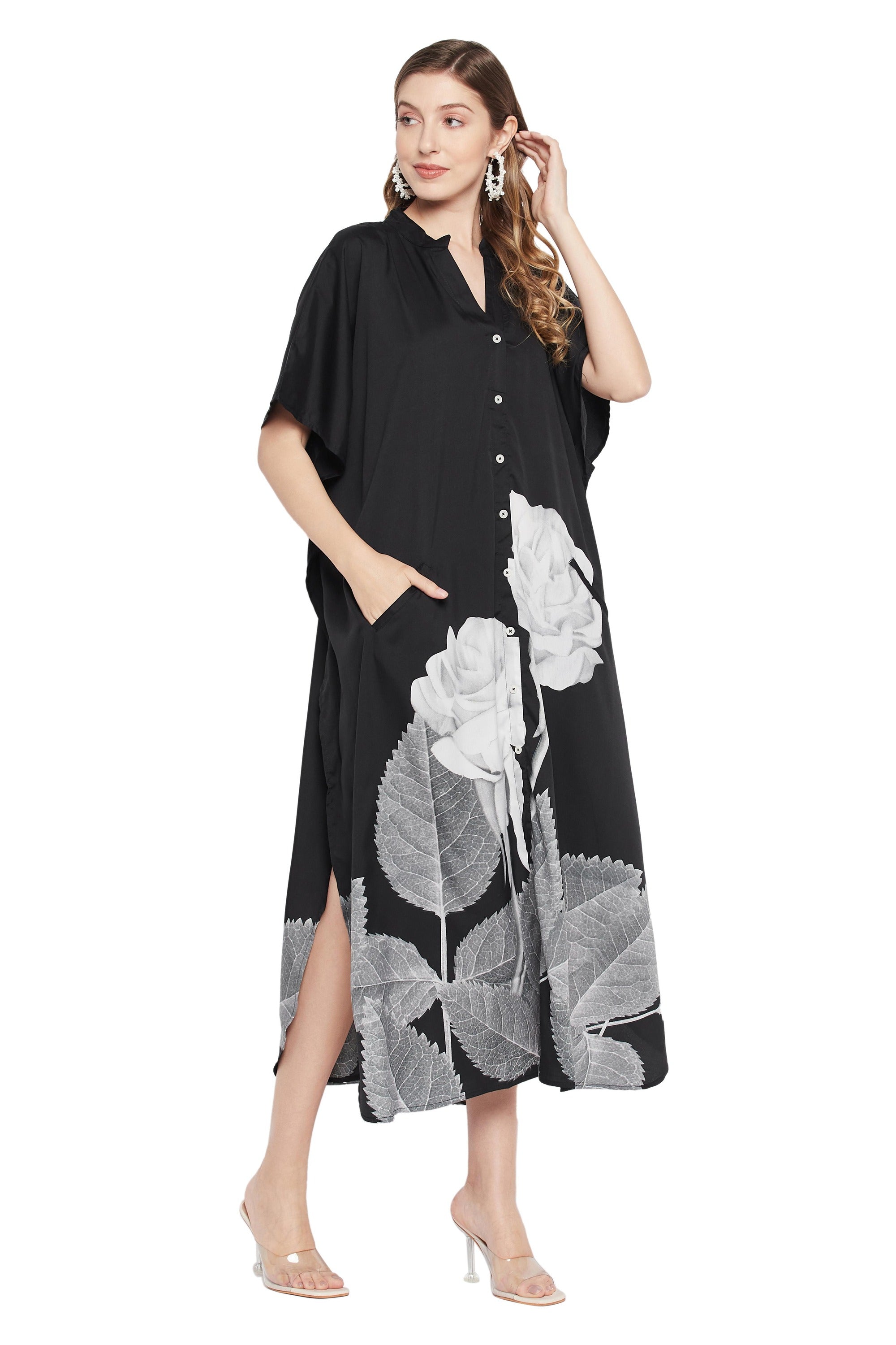 Black And White Floral Polyester Kaftan For Plus Size Women