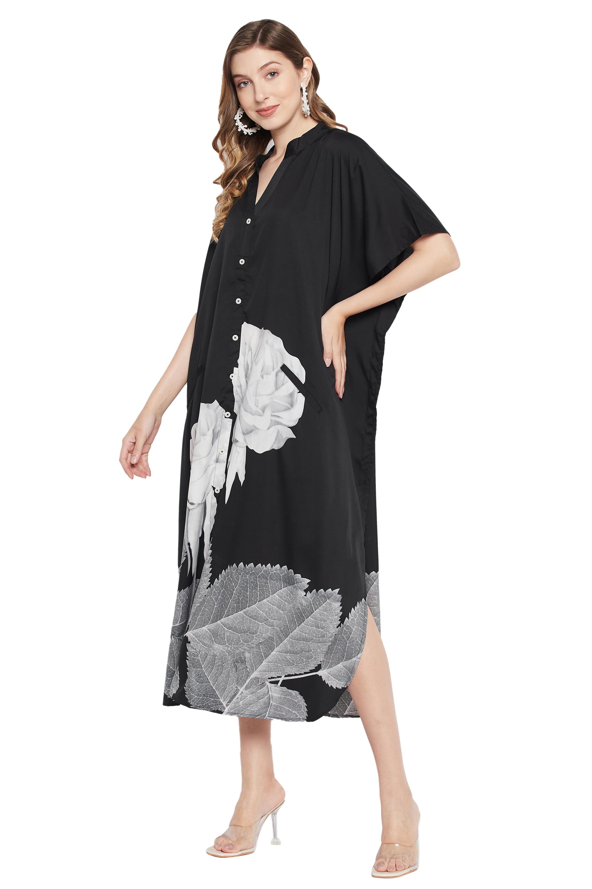 Black And White Floral Polyester Kaftan For Plus Size Women