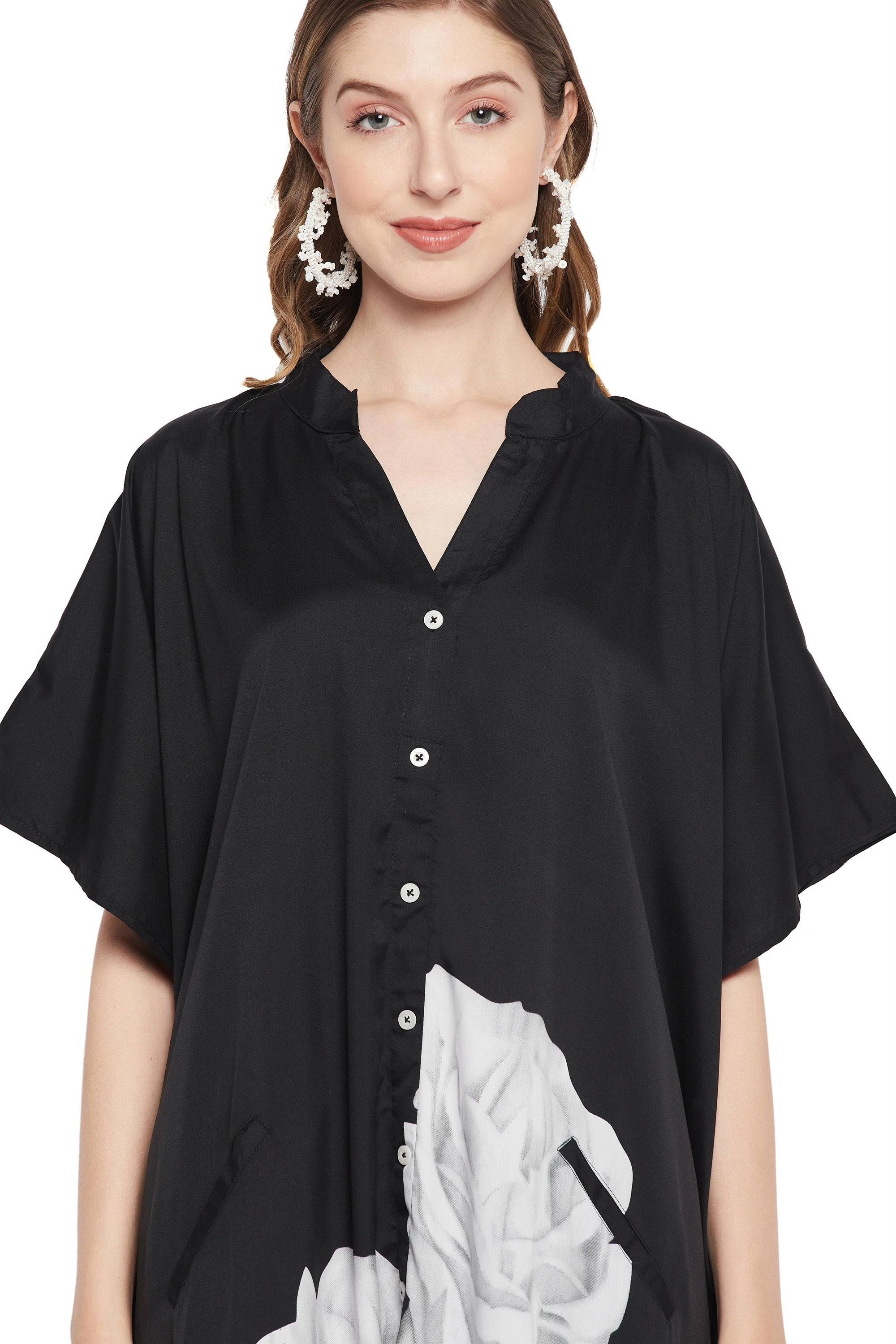 Black And White Floral Polyester Kaftan For Plus Size Women