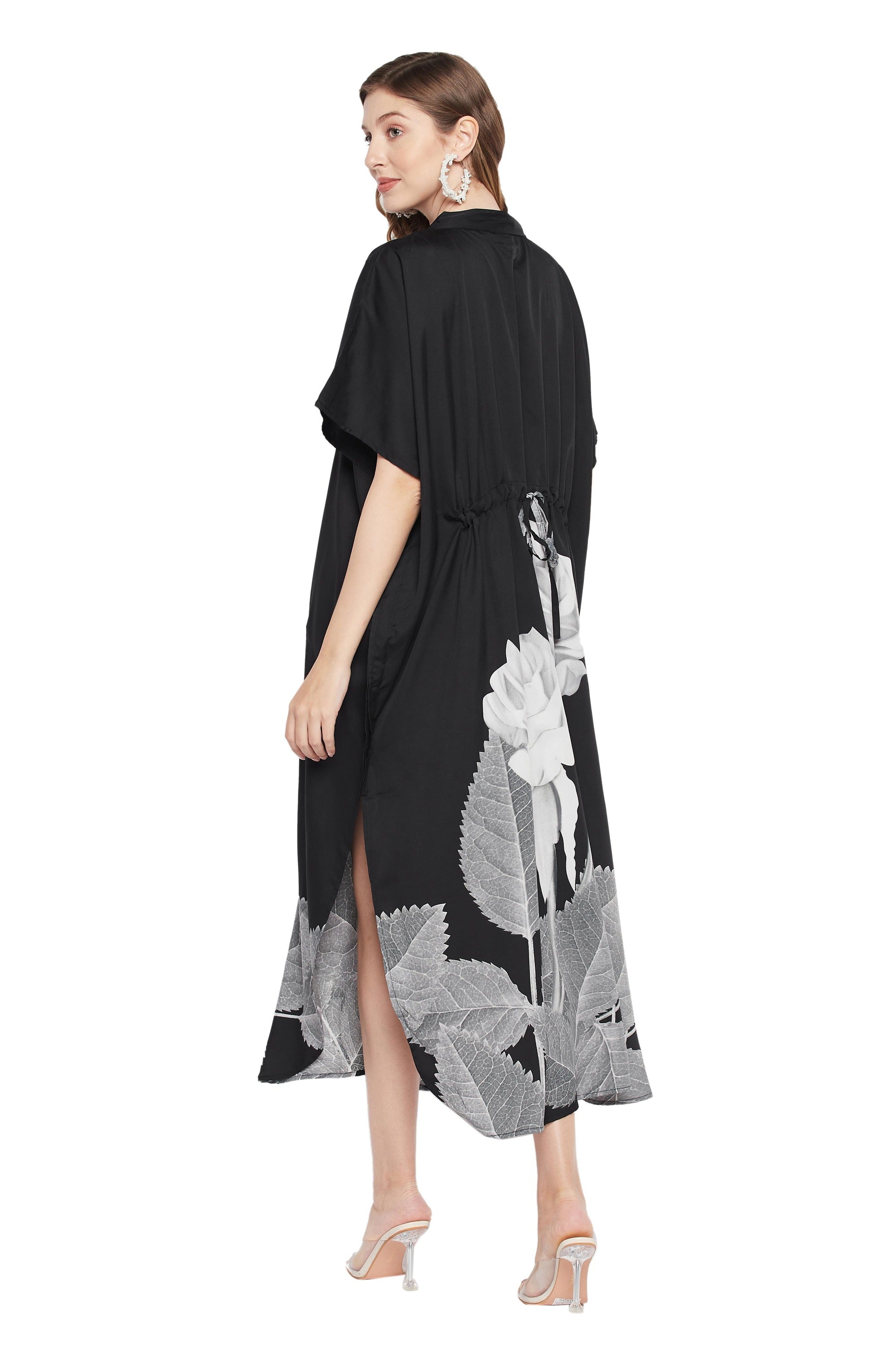 Black And White Floral Polyester Kaftan For Plus Size Women