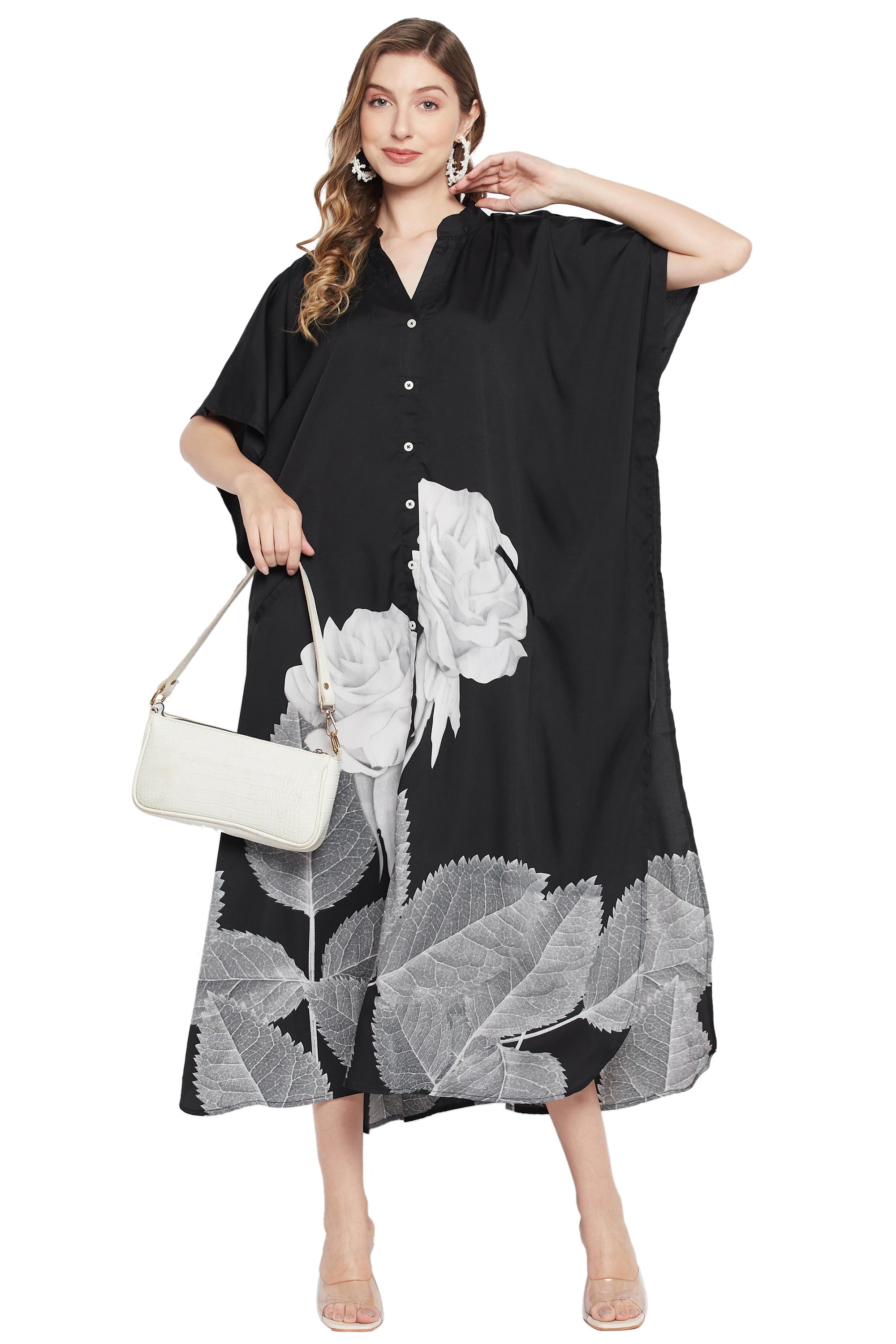 Black And White Floral Polyester Kaftan For Plus Size Women