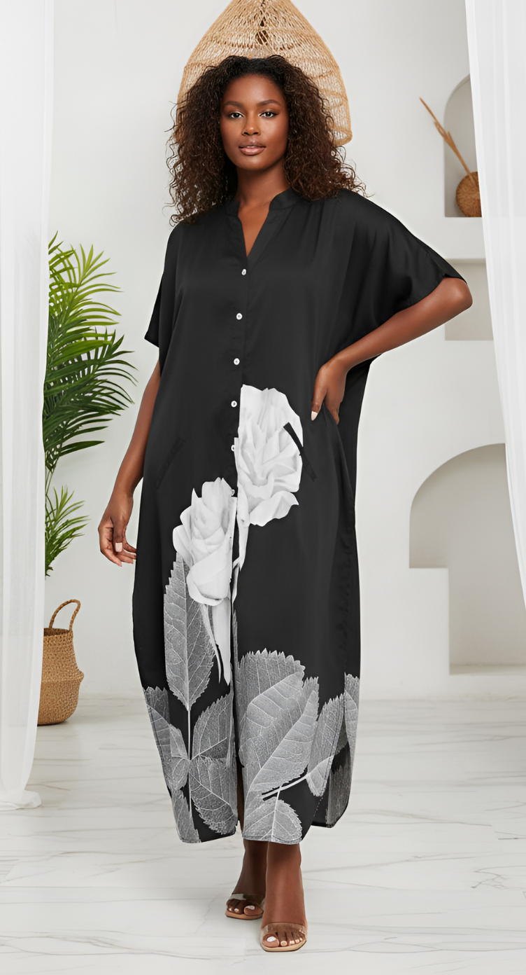black and white plus size maxi dress Black And White Floral Polyester Kaftan For Plus Size Women