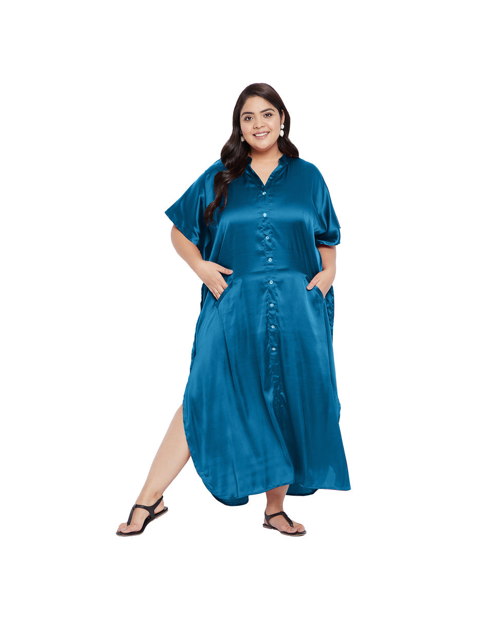 Solid Blue Satin Button Down Kaftan Plus Size Dress with Pockets for Women