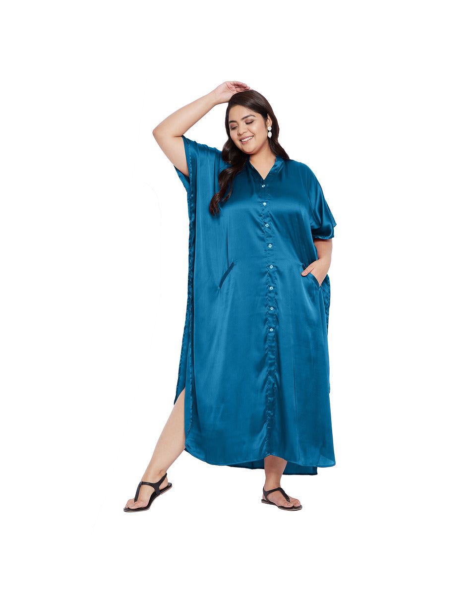 Solid Blue Satin Button Down Kaftan Plus Size Dress with Pockets for Women