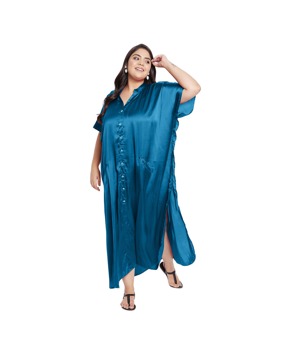 Solid Blue Satin Button Down Kaftan Plus Size Dress with Pockets for Women