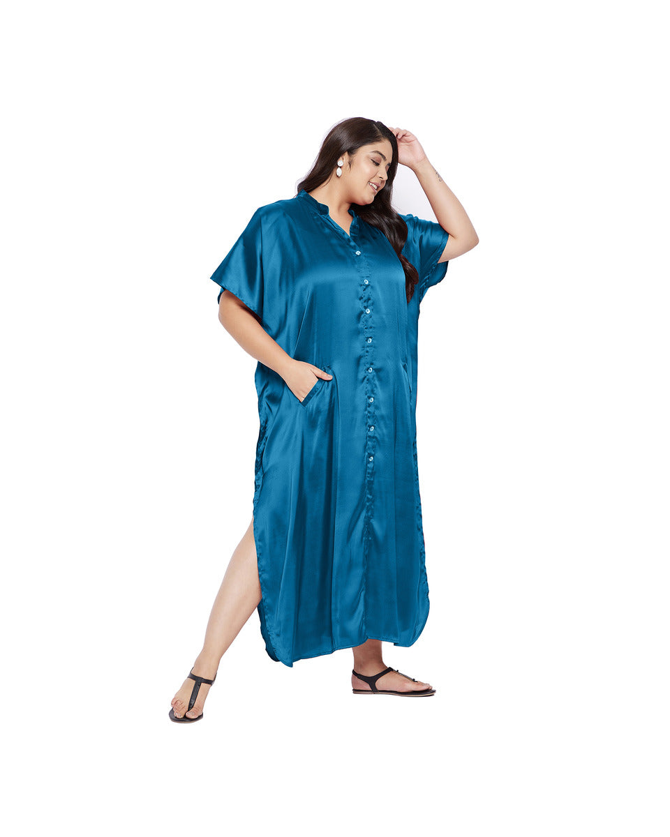 Solid Blue Satin Button Down Kaftan Plus Size Dress with Pockets for Women