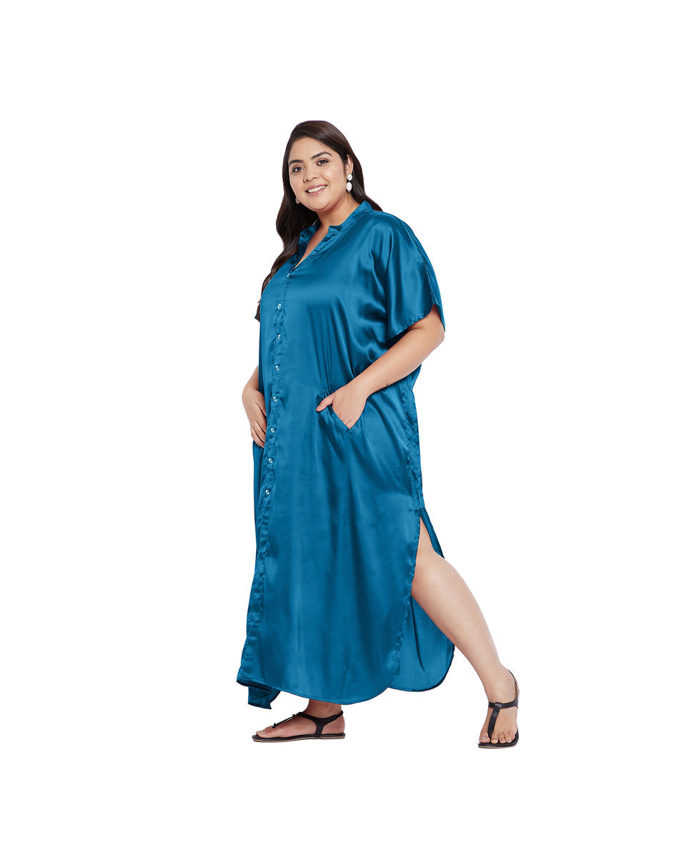 Solid Blue Satin Button Down Kaftan Plus Size Dress with Pockets for Women