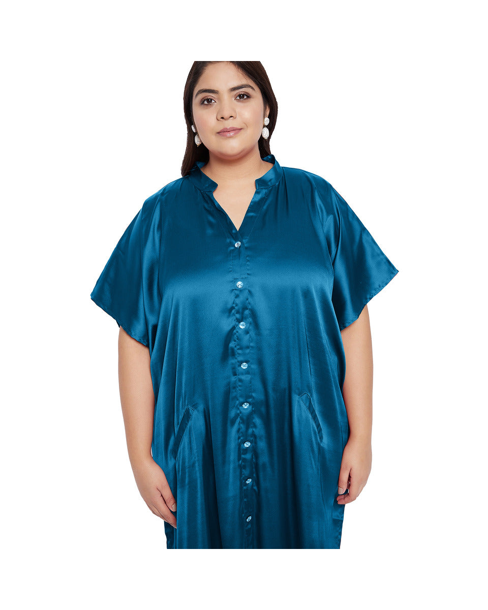 Solid Blue Satin Button Down Kaftan Plus Size Dress with Pockets for Women