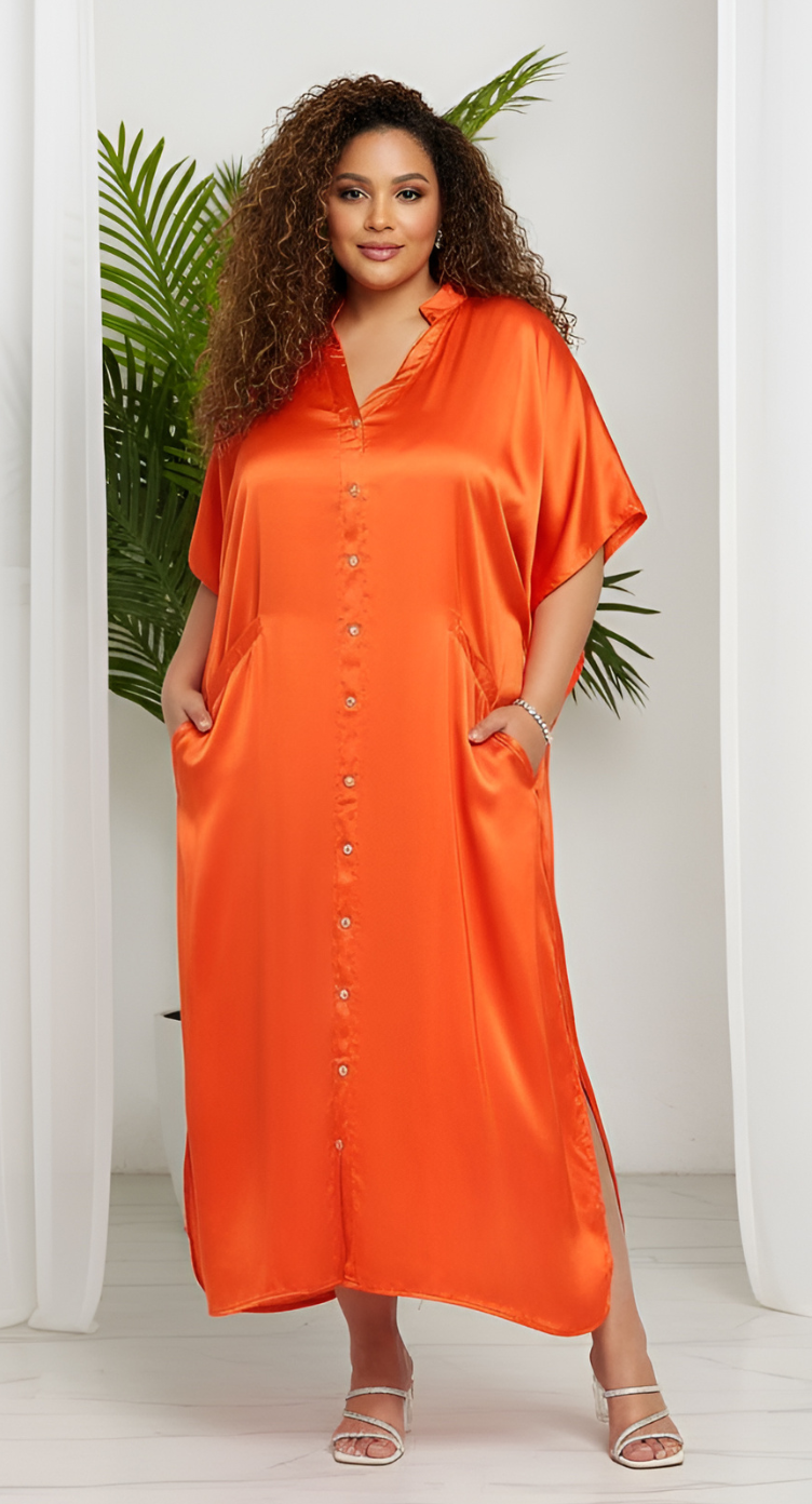 Orange Satin Solid Button Women Plus Size Loungewear Kaftan