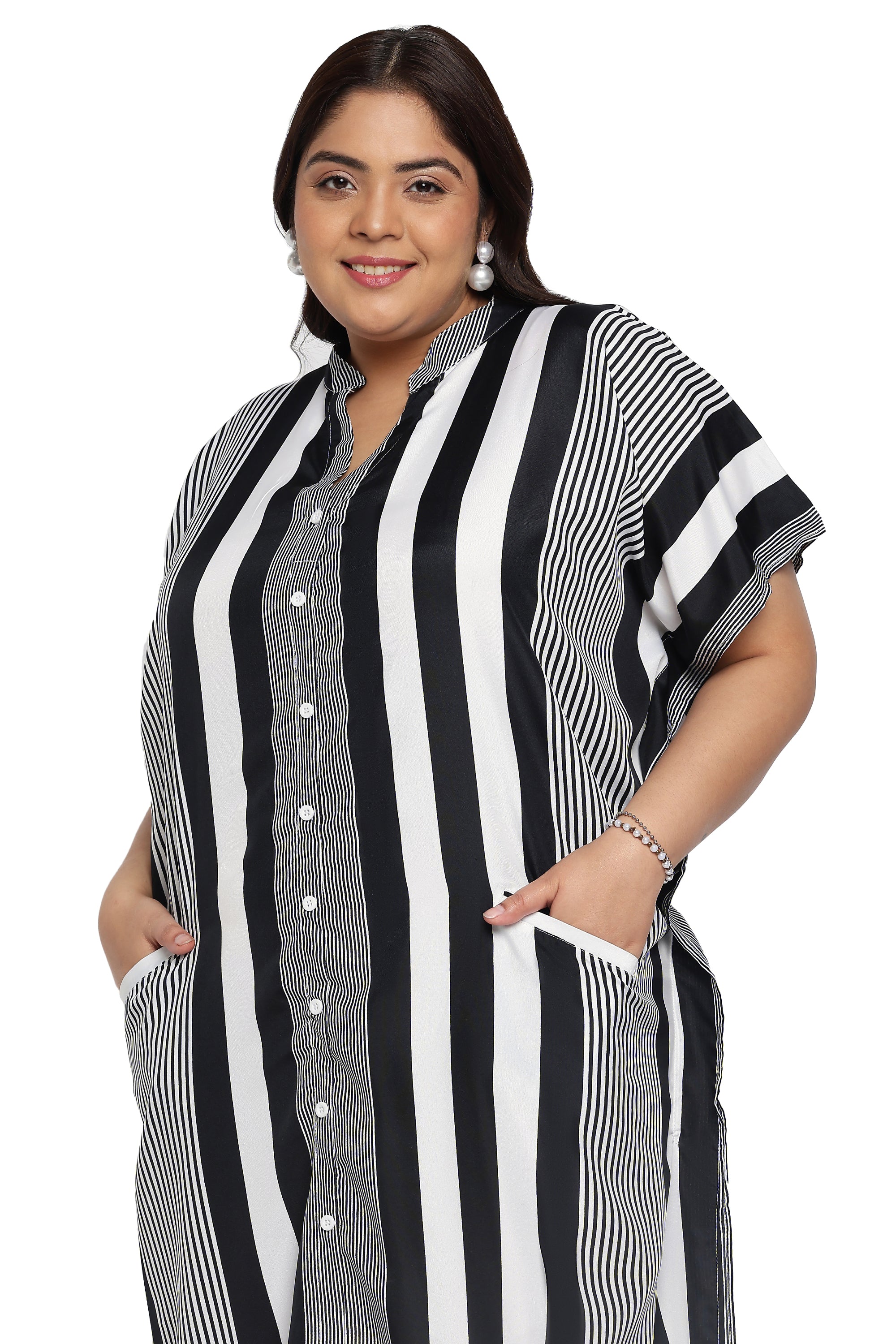 Black And White Striped Polyester Button Plus Size Kaftan For Women