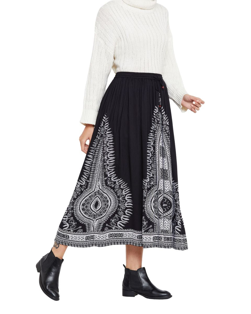 Black Rayon A Line Women Boho Midi Skirt for Beach Vacations