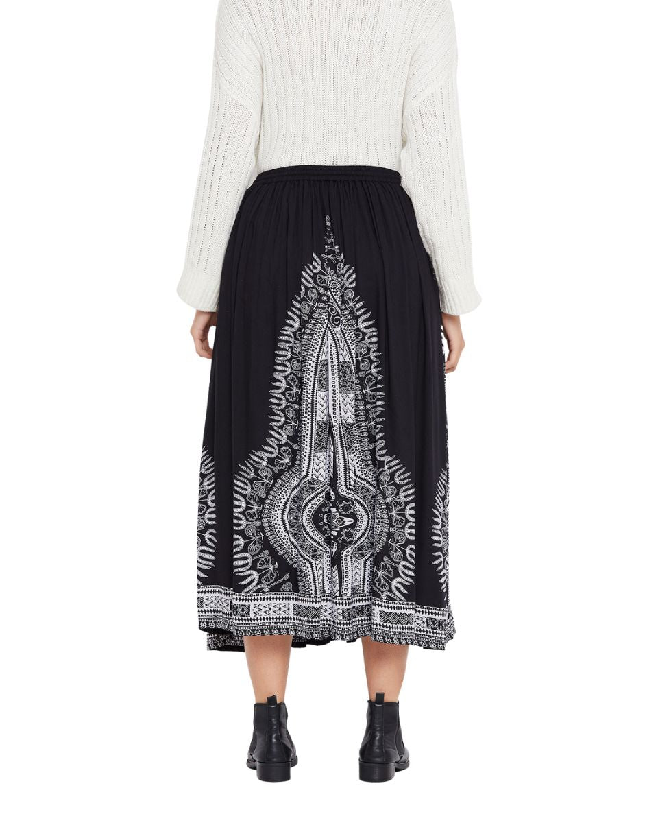Black Rayon A Line Women Boho Midi Skirt for Beach Vacations