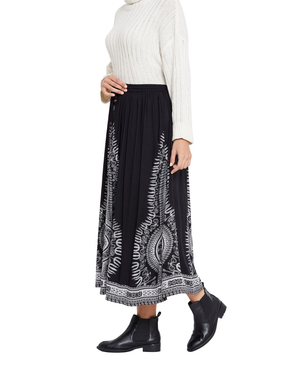Black Rayon A Line Women Boho Midi Skirt for Beach Vacations