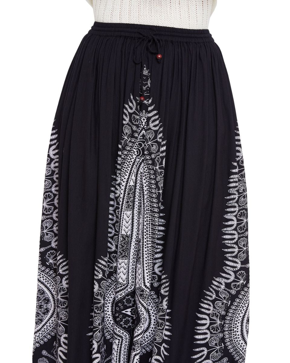 Black Rayon A Line Women Boho Midi Skirt for Beach Vacations