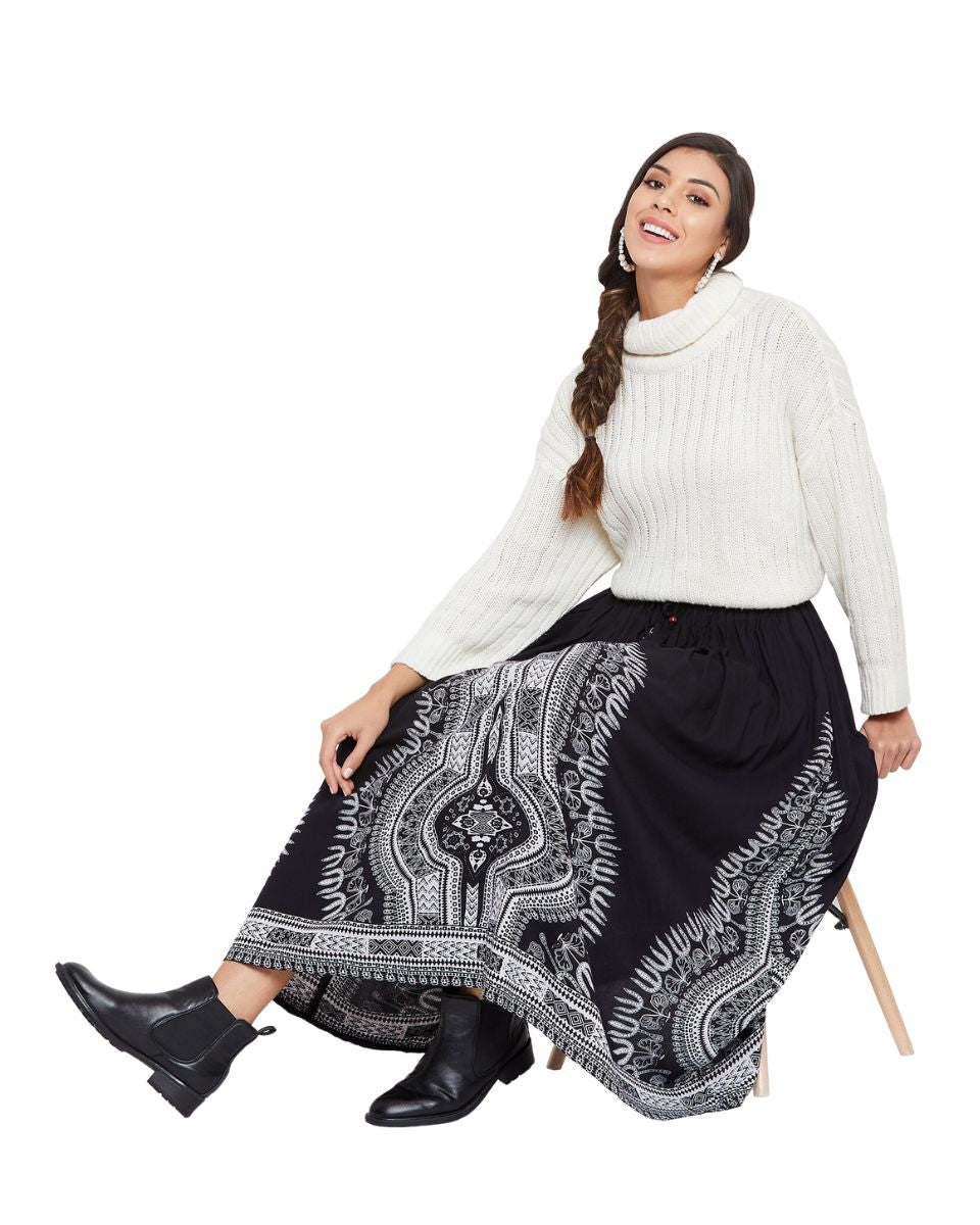 Black Rayon A Line Women Boho Midi Skirt for Beach Vacations