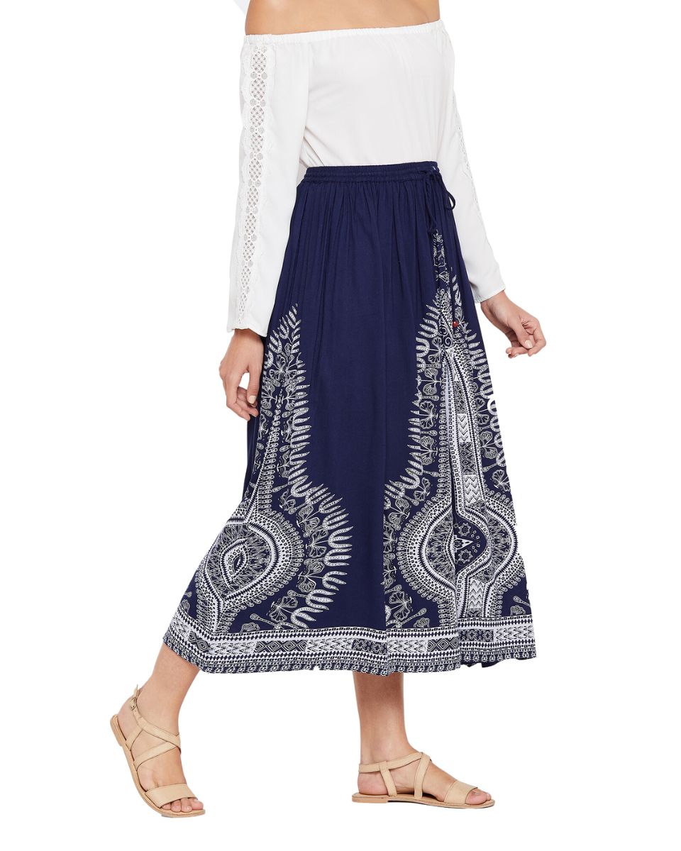 Blue Rayon A Line Elastic Casual High Waist Drawstring Midi Skirt For Women