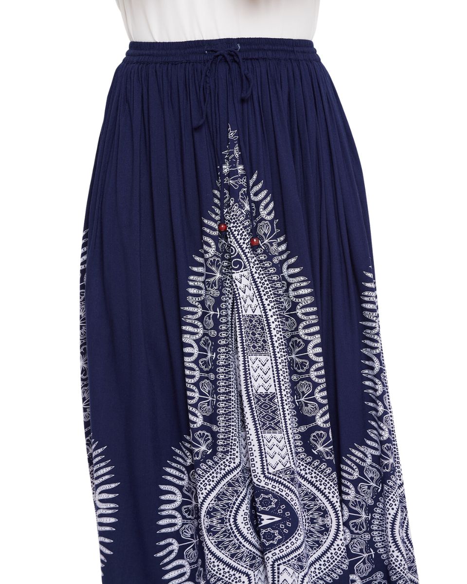 Blue Rayon A Line Elastic Casual High Waist Drawstring Midi Skirt For Women