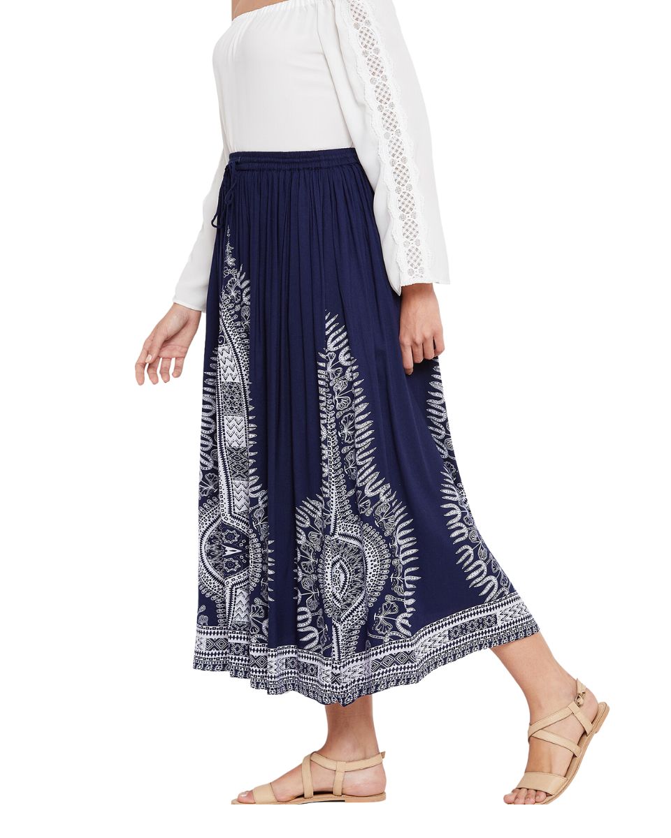 Blue Rayon A Line Elastic Casual High Waist Drawstring Midi Skirt For Women