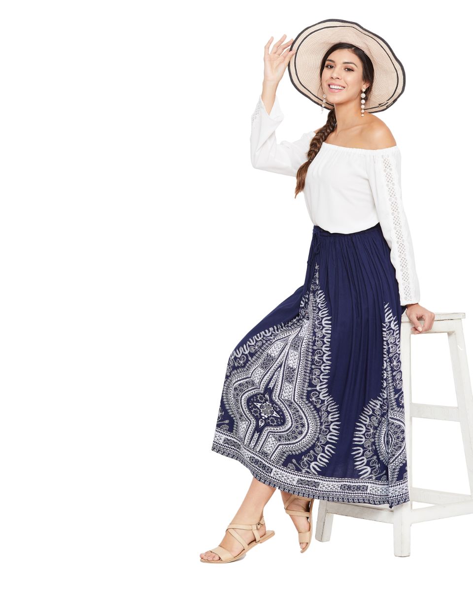Blue Rayon A Line Elastic Casual High Waist Drawstring Midi Skirt For Women