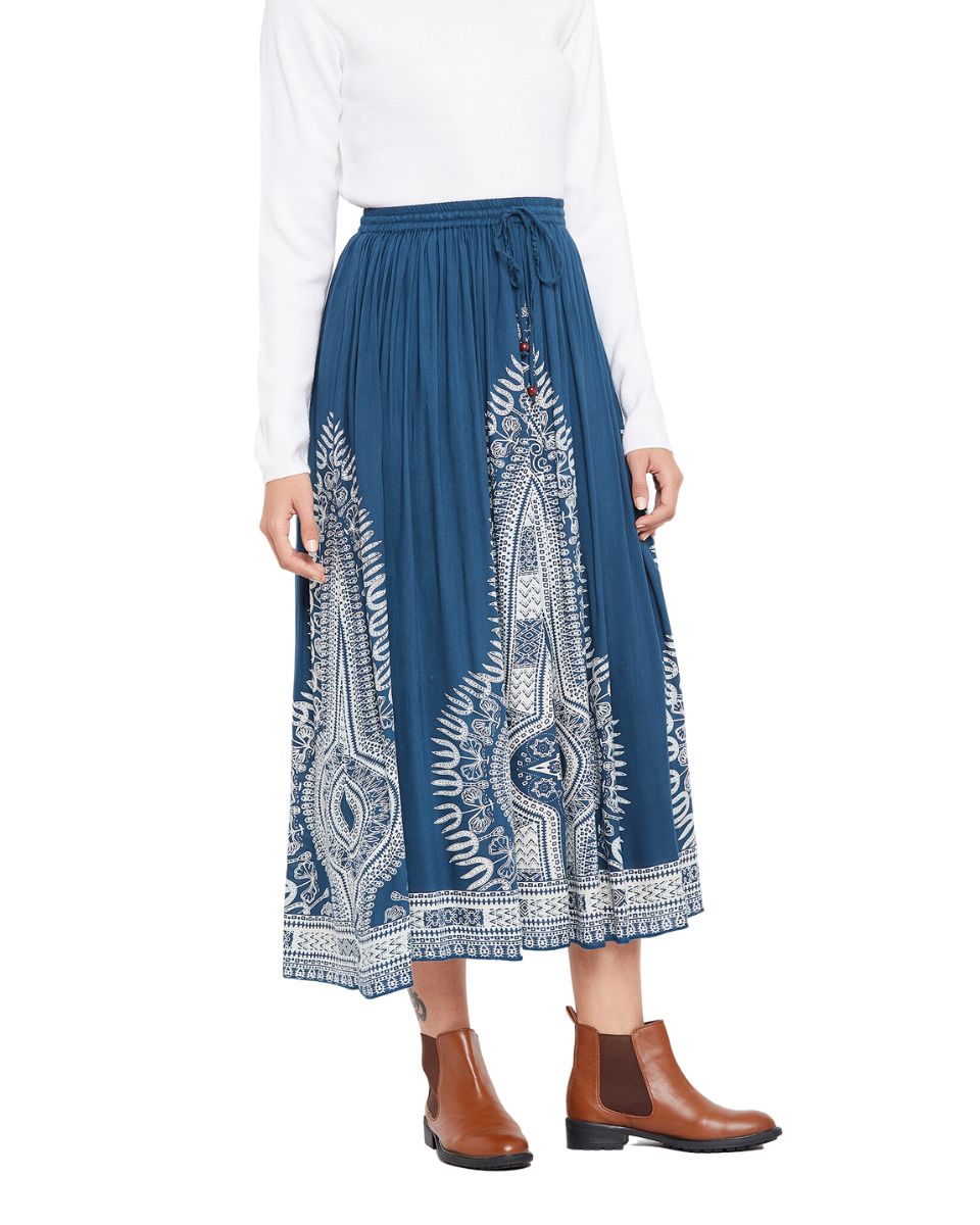 Denim Blue Rayon A Line Elastic Casual High Waist Drawstring Midi Skirt