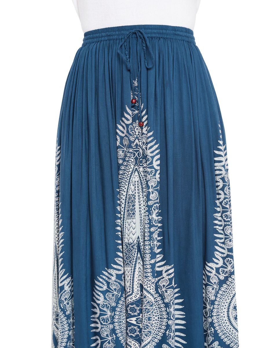 Denim Blue Rayon A Line Elastic Casual High Waist Drawstring Midi Skirt