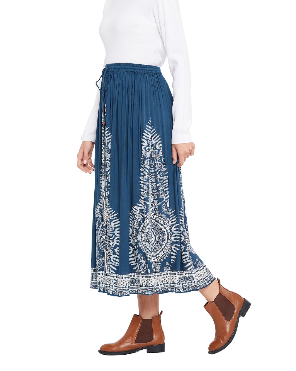 Denim Blue Rayon A Line Elastic Casual High Waist Drawstring Midi Skirt