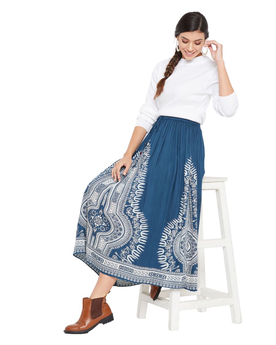 Denim Blue Rayon A Line Elastic Casual High Waist Drawstring Midi Skirt