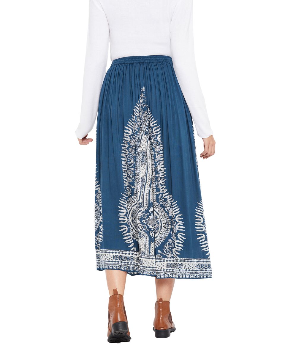 Denim Blue Rayon A Line Elastic Casual High Waist Drawstring Midi Skirt