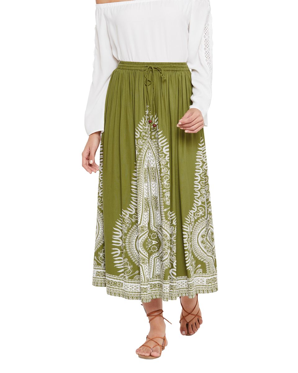 Rayon A Line Elastic Casual Olive High Waist Drawstring Midi Skirt