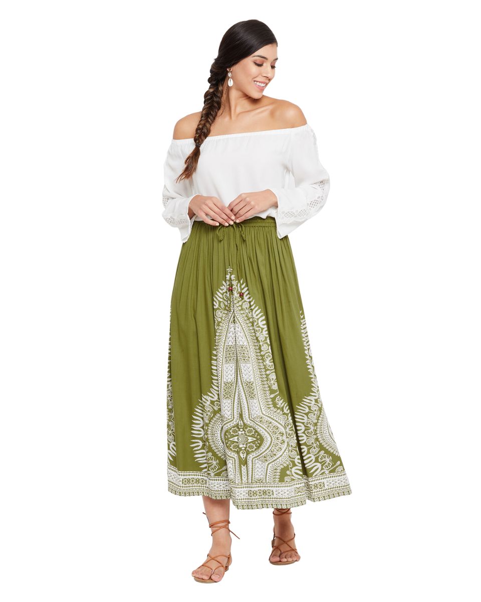 Rayon A Line Elastic Casual Olive High Waist Drawstring Midi Skirt