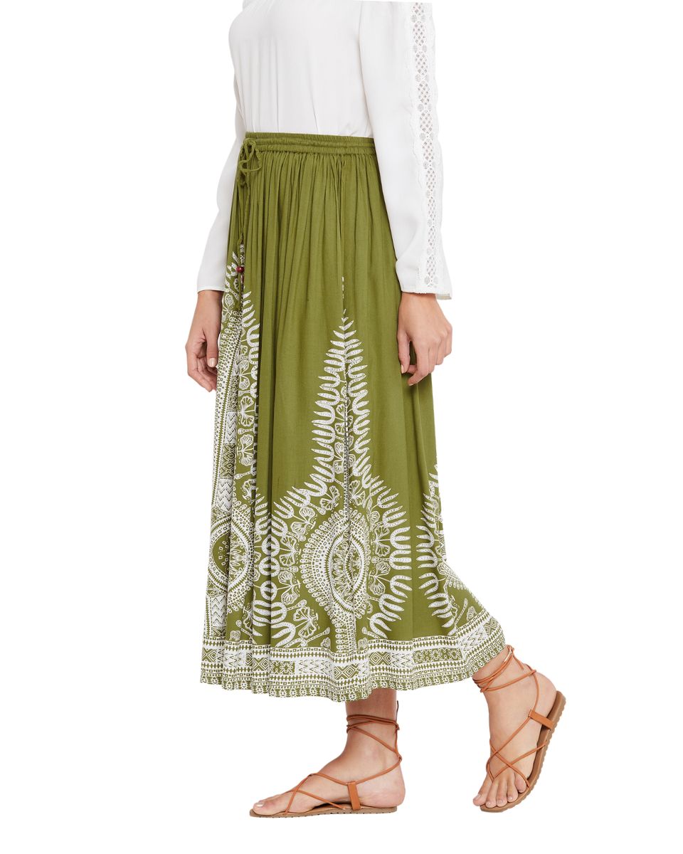 Rayon A Line Elastic Casual Olive High Waist Drawstring Midi Skirt