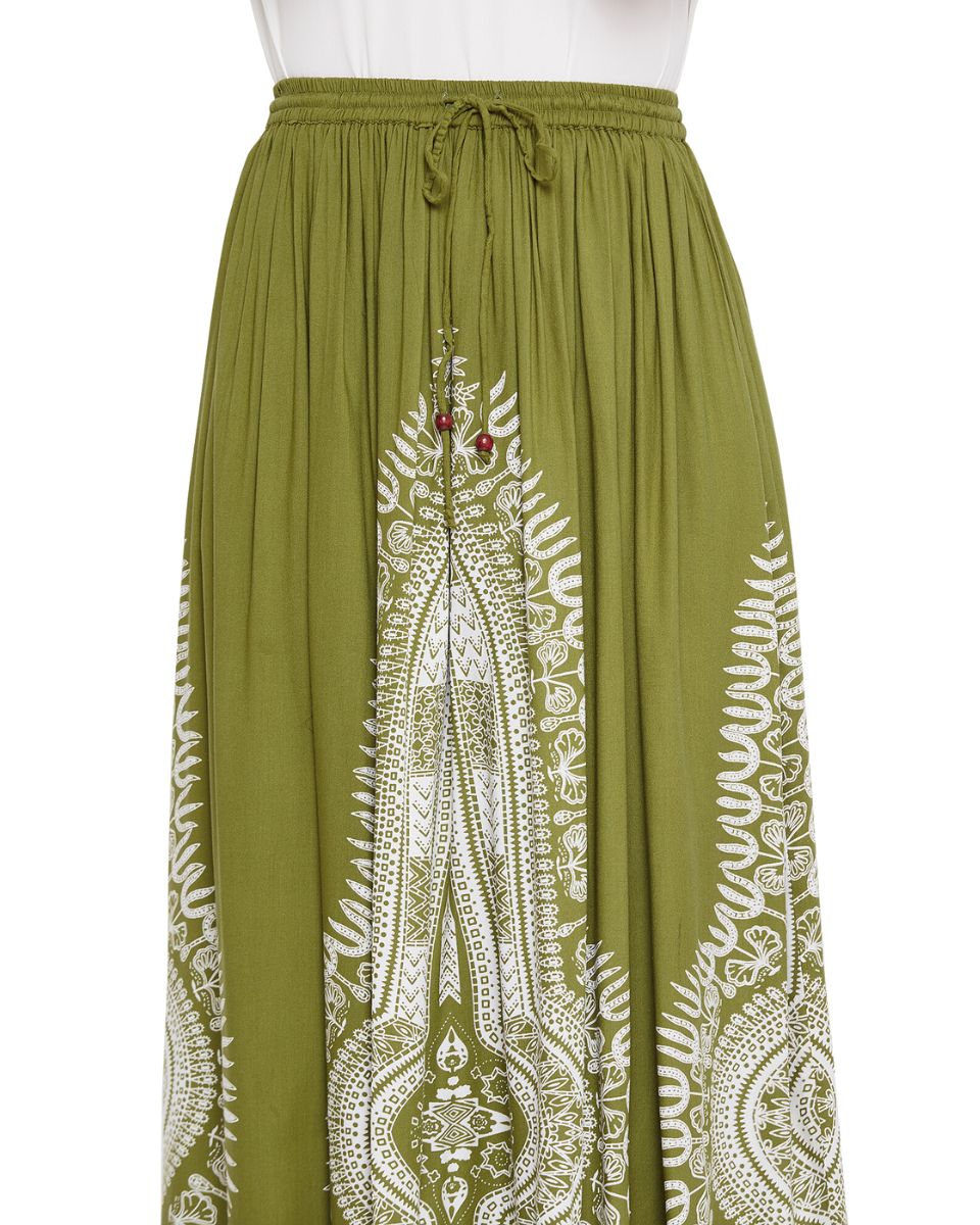 Rayon A Line Elastic Casual Olive High Waist Drawstring Midi Skirt