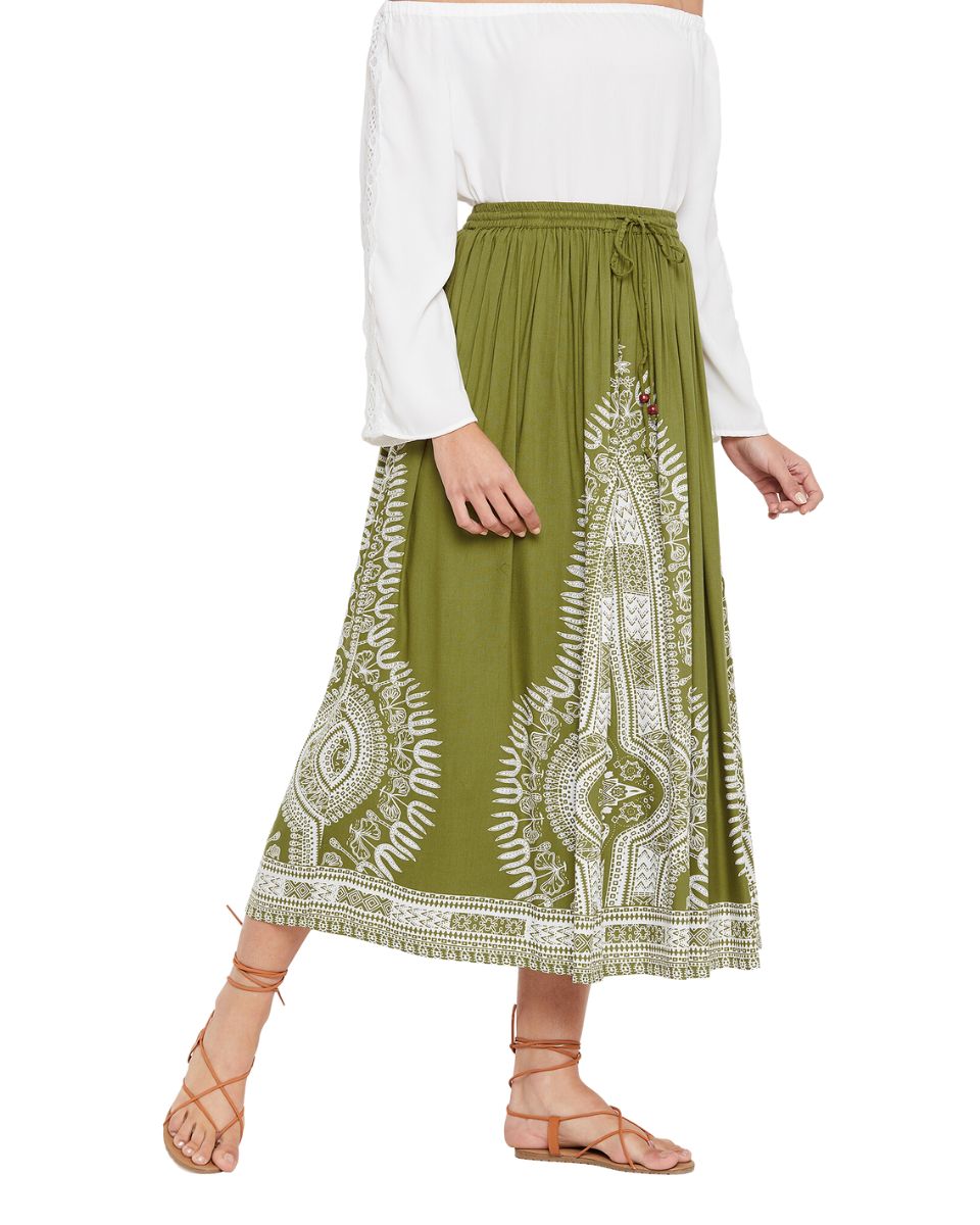 Rayon A Line Elastic Casual Olive High Waist Drawstring Midi Skirt
