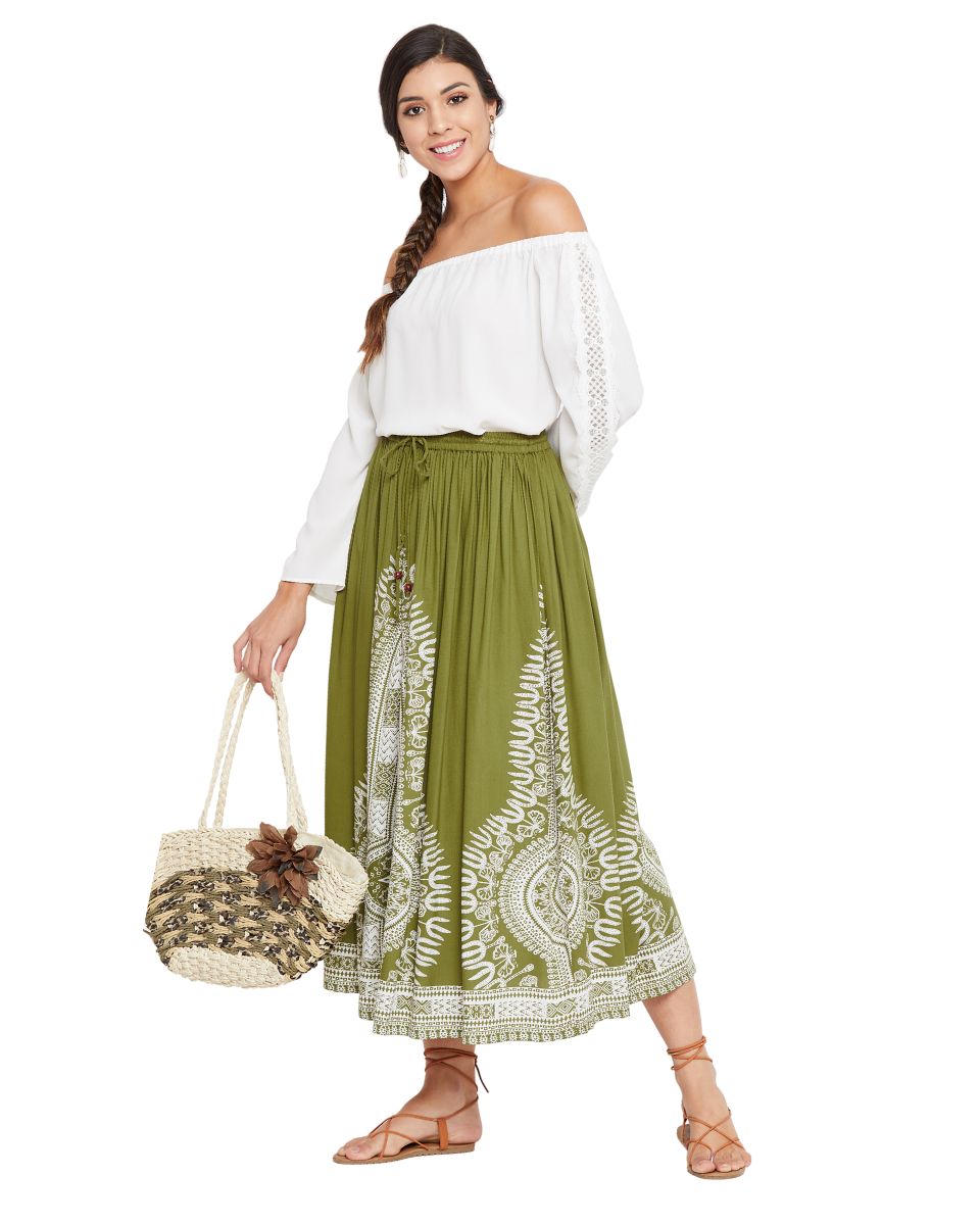Rayon A Line Elastic Casual Olive High Waist Drawstring Midi Skirt
