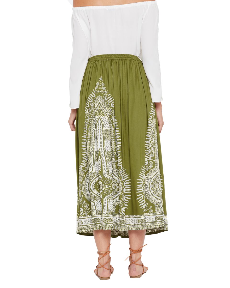 Rayon A Line Elastic Casual Olive High Waist Drawstring Midi Skirt