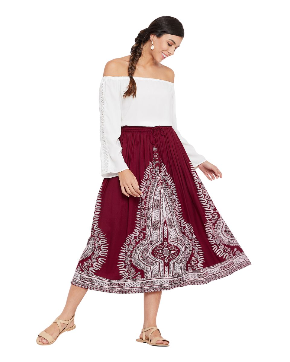 Women Red Rayon A Line Elastic Casual High Waist Drawstring Midi Skirt