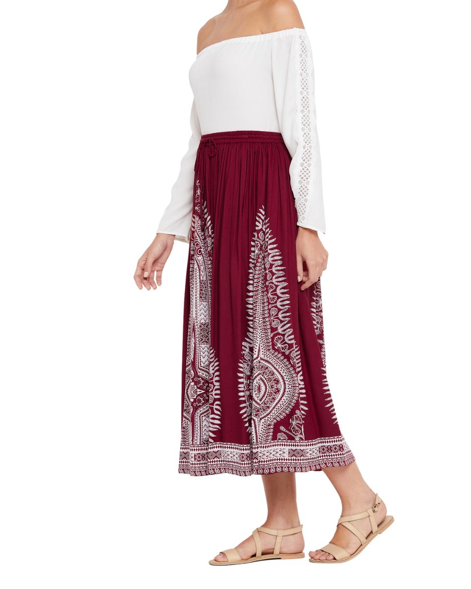 Women Red Rayon A Line Elastic Casual High Waist Drawstring Midi Skirt
