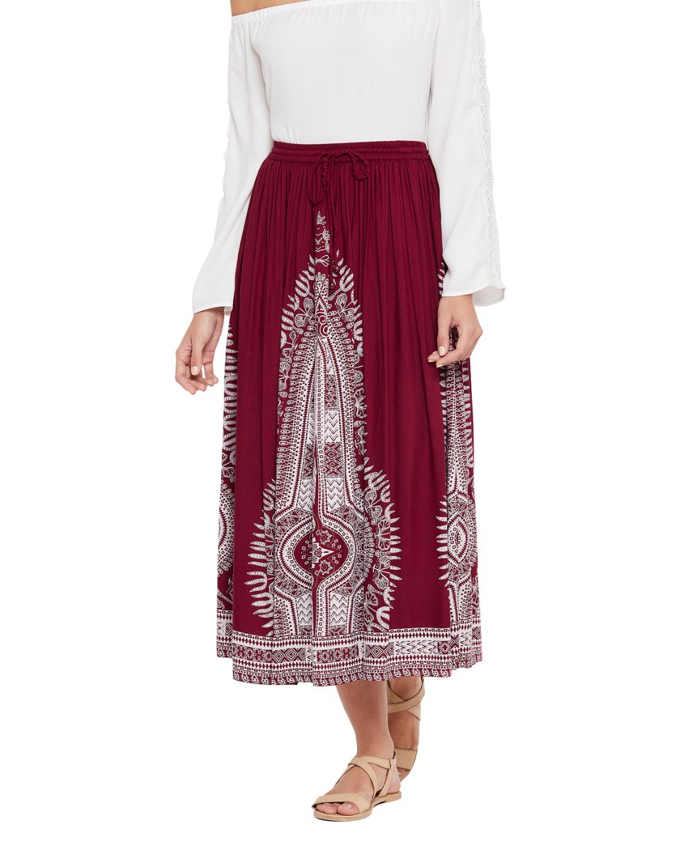 Women Red Rayon A Line Elastic Casual High Waist Drawstring Midi Skirt