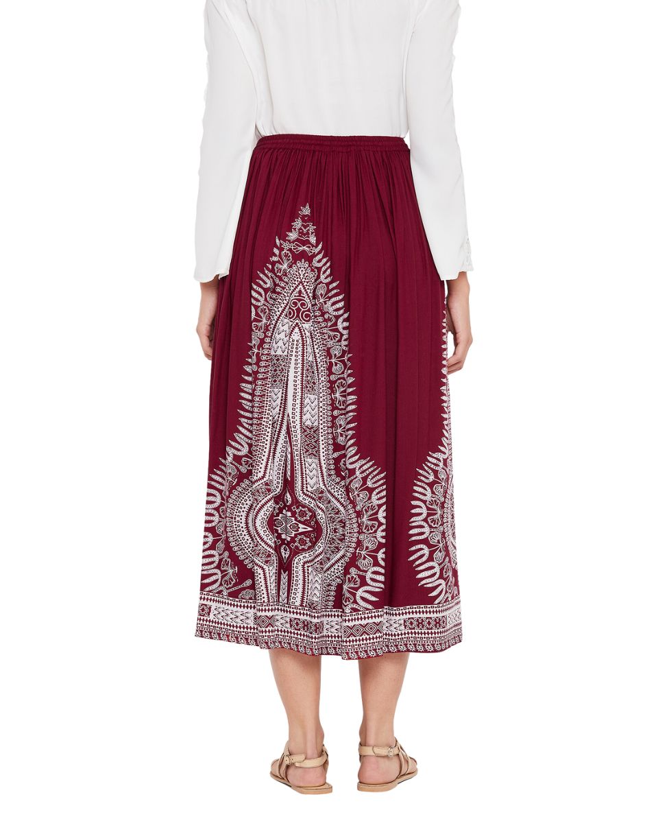Women Red Rayon A Line Elastic Casual High Waist Drawstring Midi Skirt