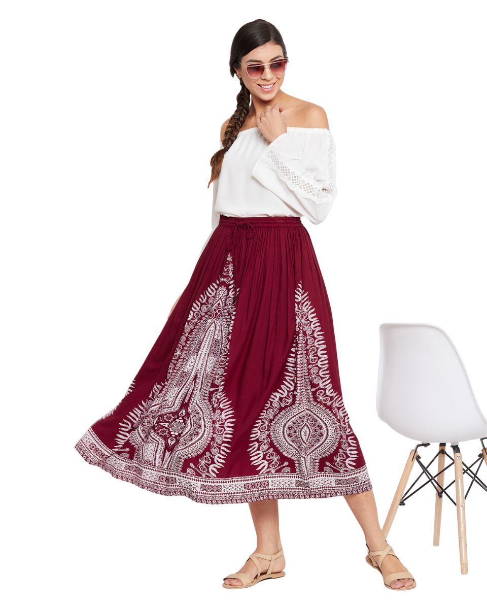 Women Red Rayon A Line Elastic Casual High Waist Drawstring Midi Skirt