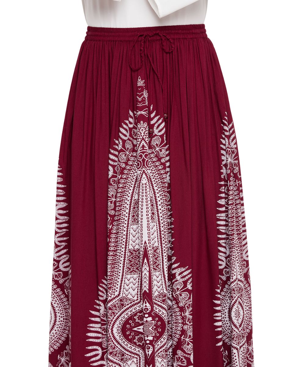 Women Red Rayon A Line Elastic Casual High Waist Drawstring Midi Skirt