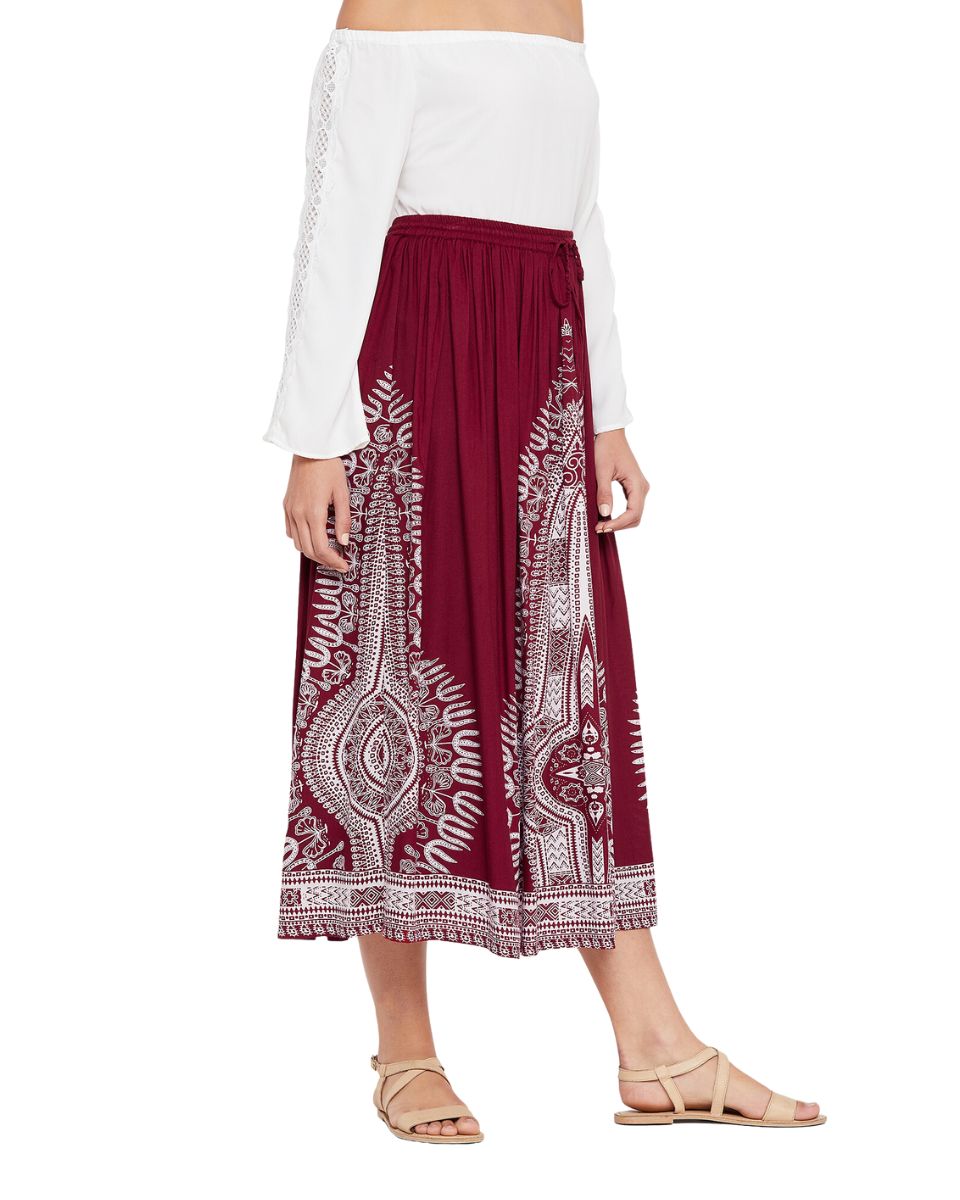 Women Red Rayon A Line Elastic Casual High Waist Drawstring Midi Skirt