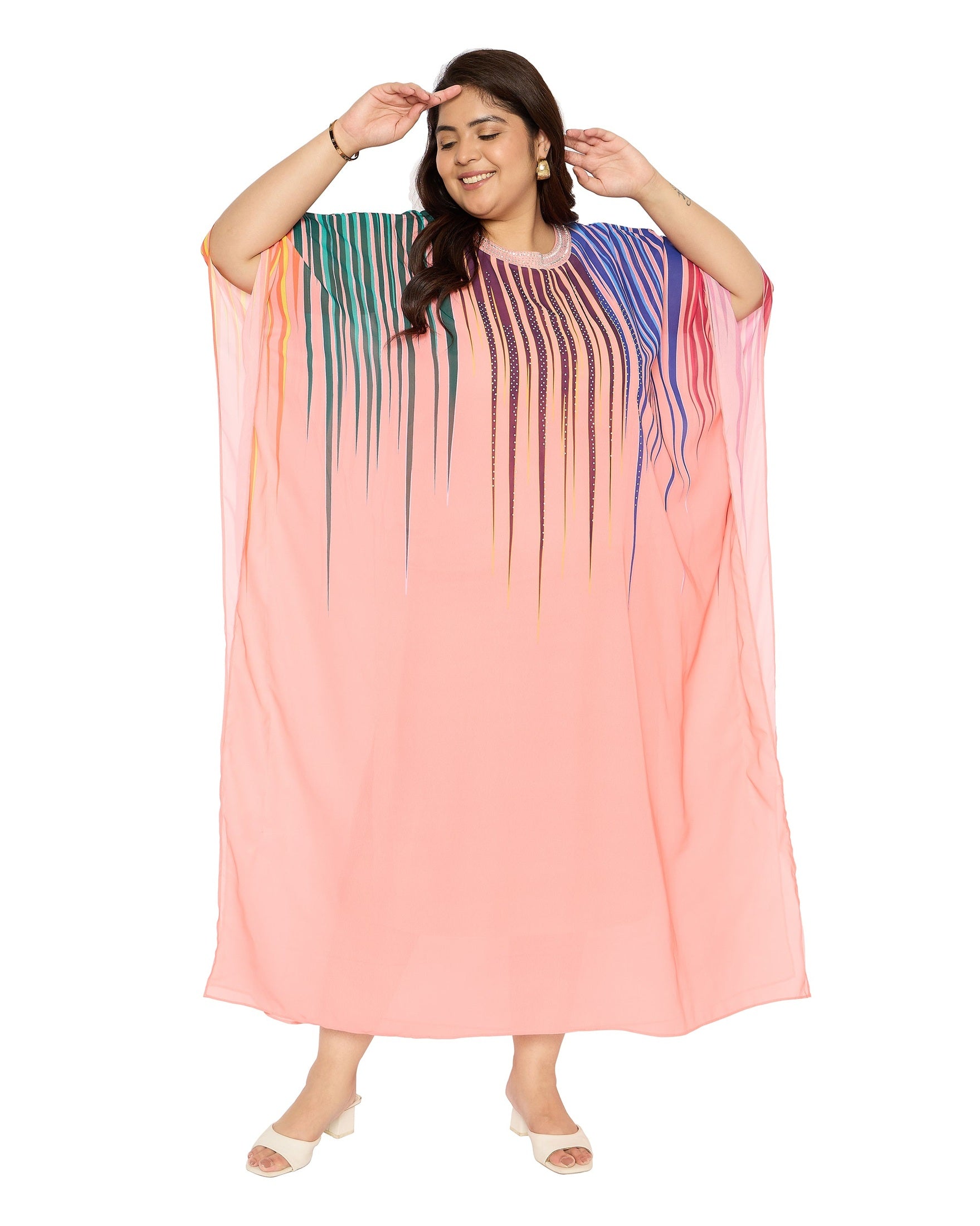 Leaf Print Pink Georgette Plus Size Kaftan Loungewear House Dresses for Women