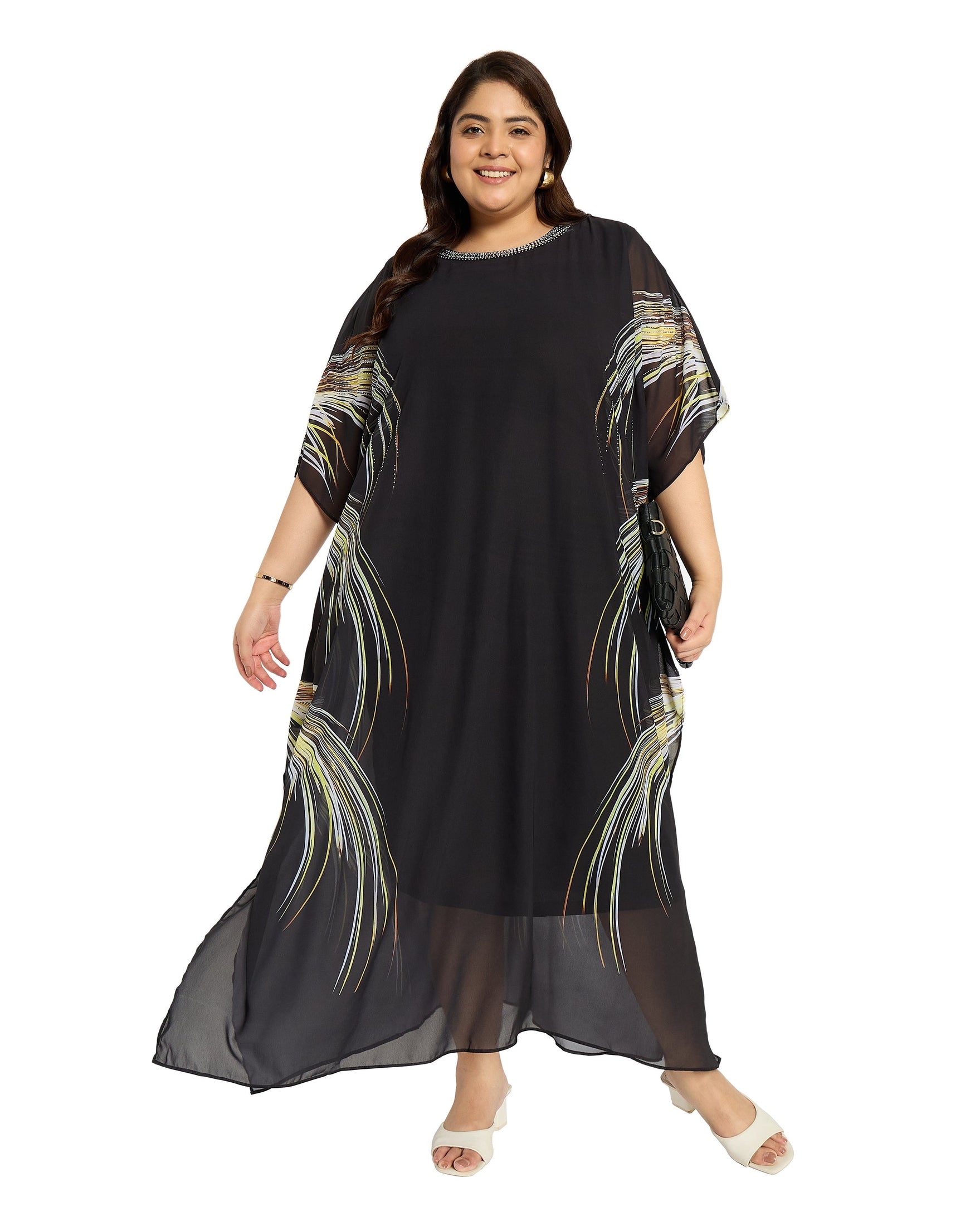 Black Leaf Georgette Plus Size Kaftan Dresses for Women