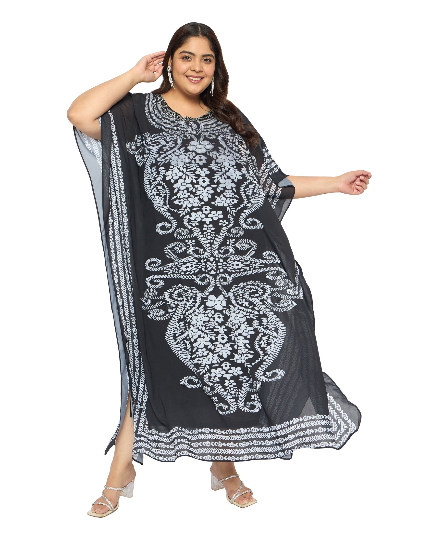 Black Floral Georgette Plus Size Caftan Dress Beach Cover up Kaftan fo